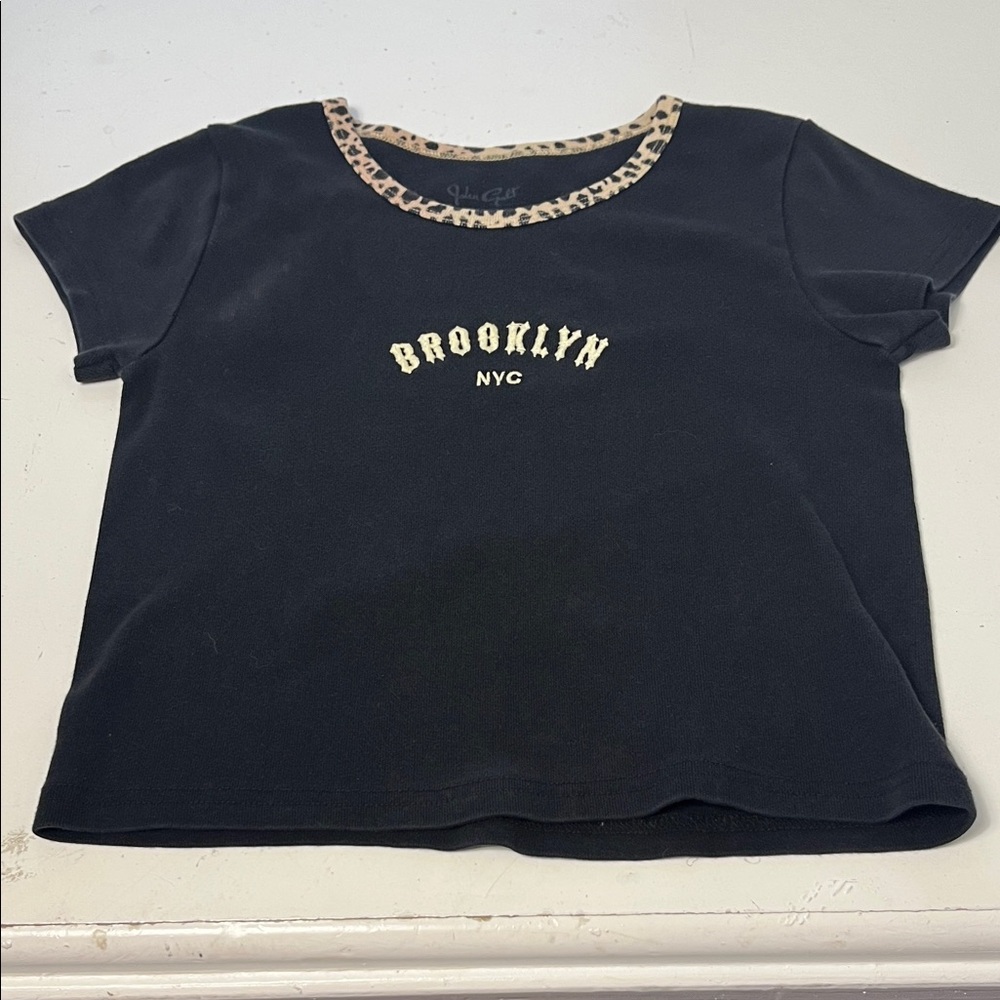 John Galt XS Black Cheetah Print Brooklyn NYC Short Sleeve Baby Doll T Shirt